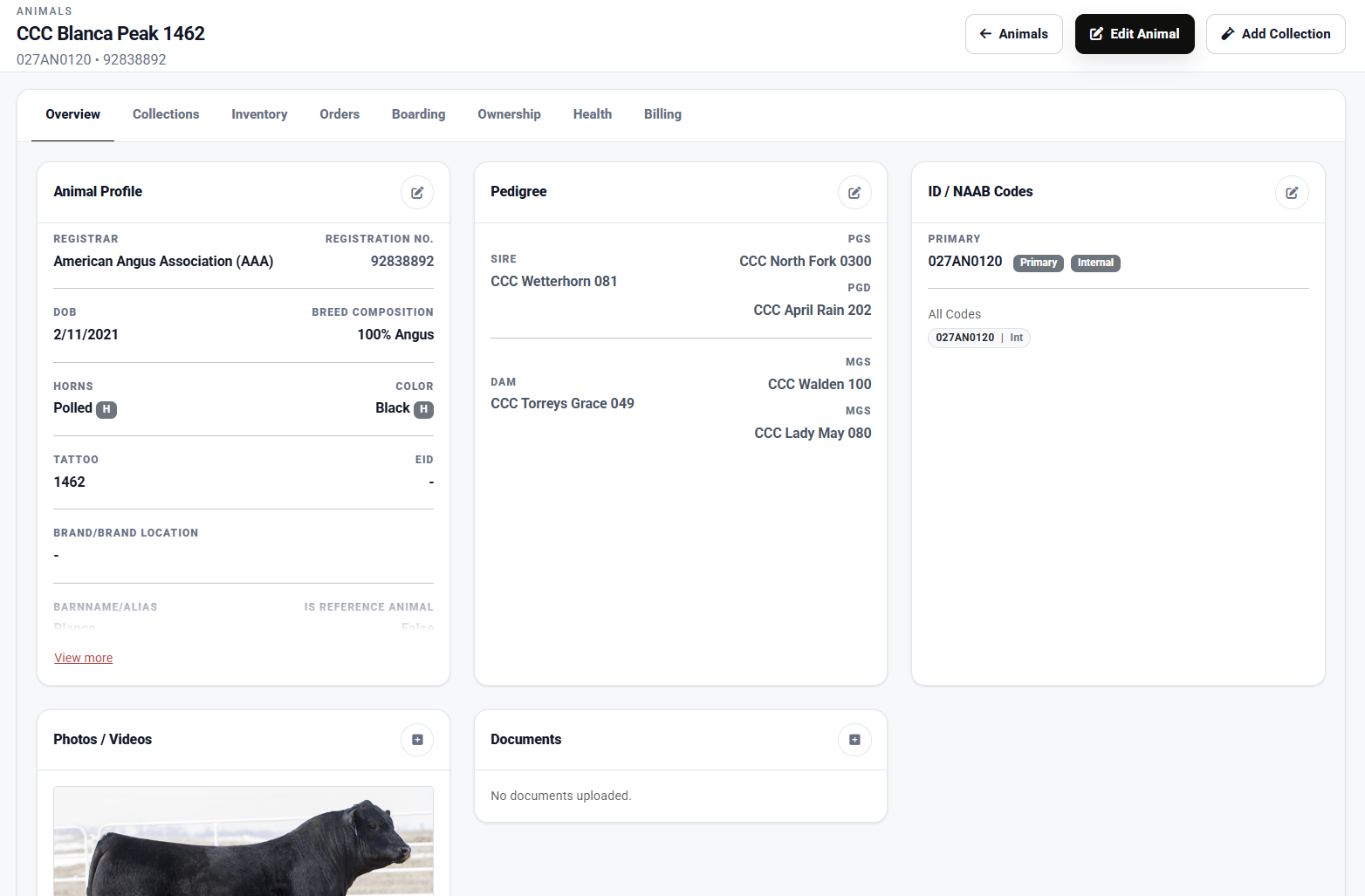 Animal record with pedigree, ownership, health, boarding, and inventory