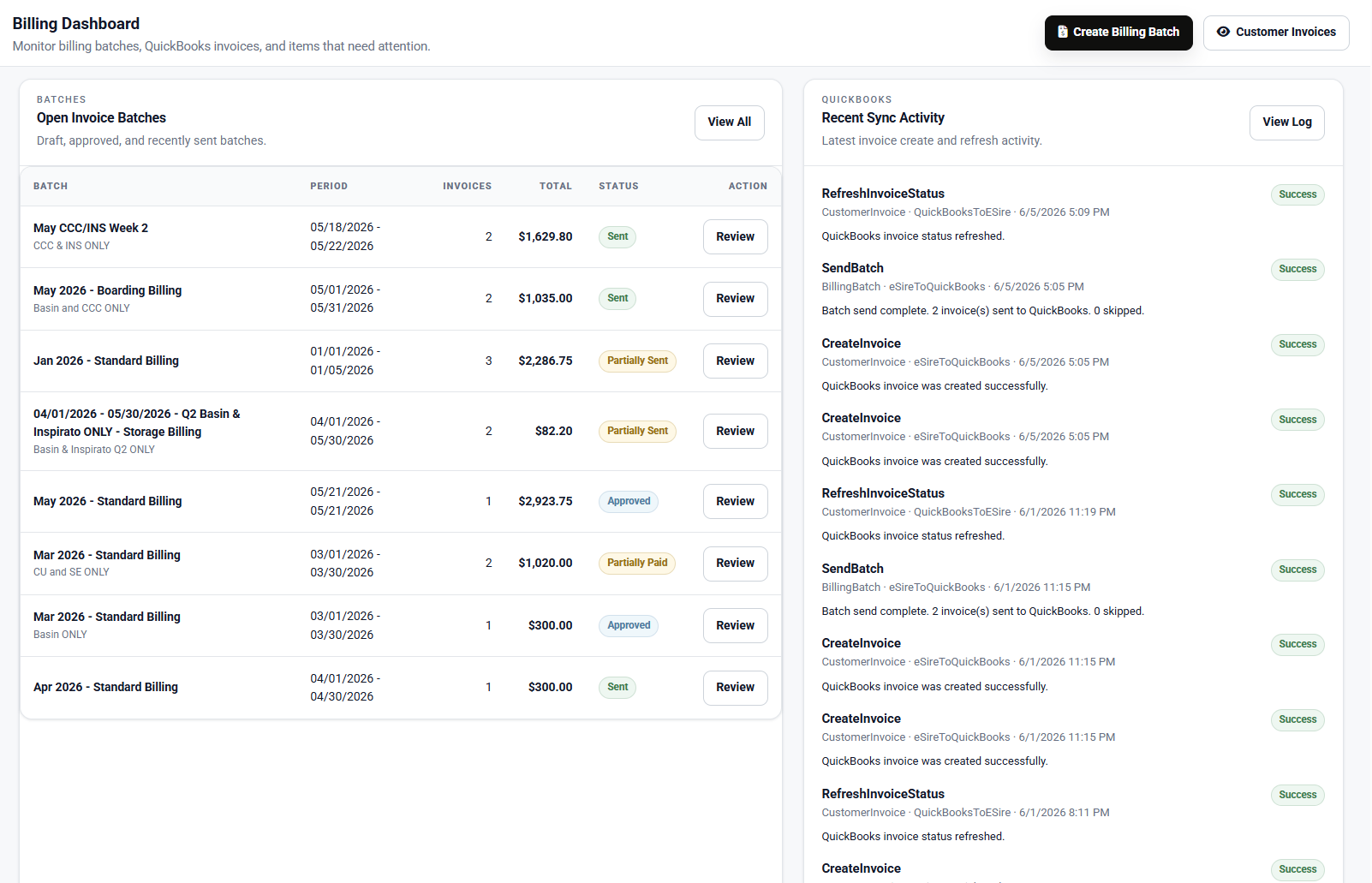 Billing dashboard showing invoiceable transactions and account summaries