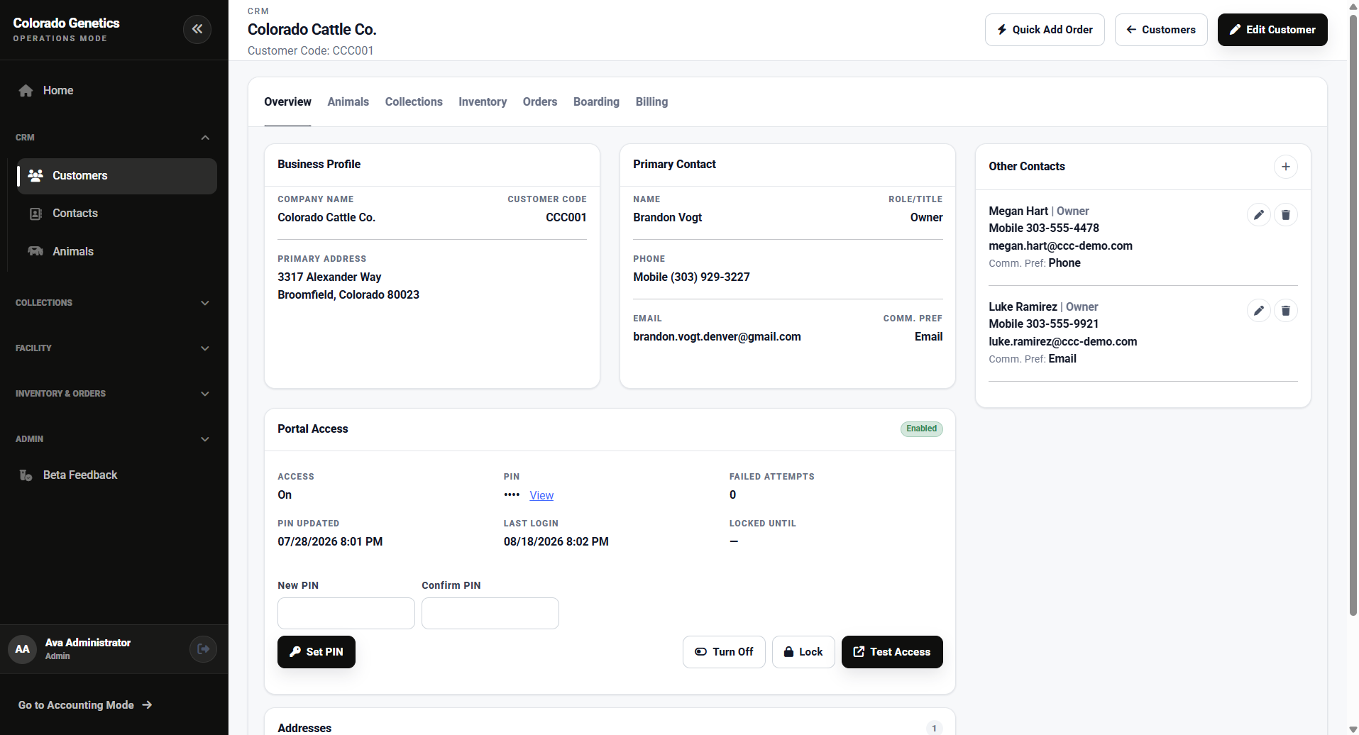 Customer workspace showing customer record, linked animals, ownership, inventory, and account activity