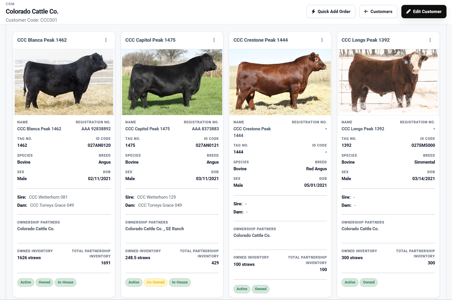 eSire animal record screen showing customer animal cards with ownership, registration, and inventory details.