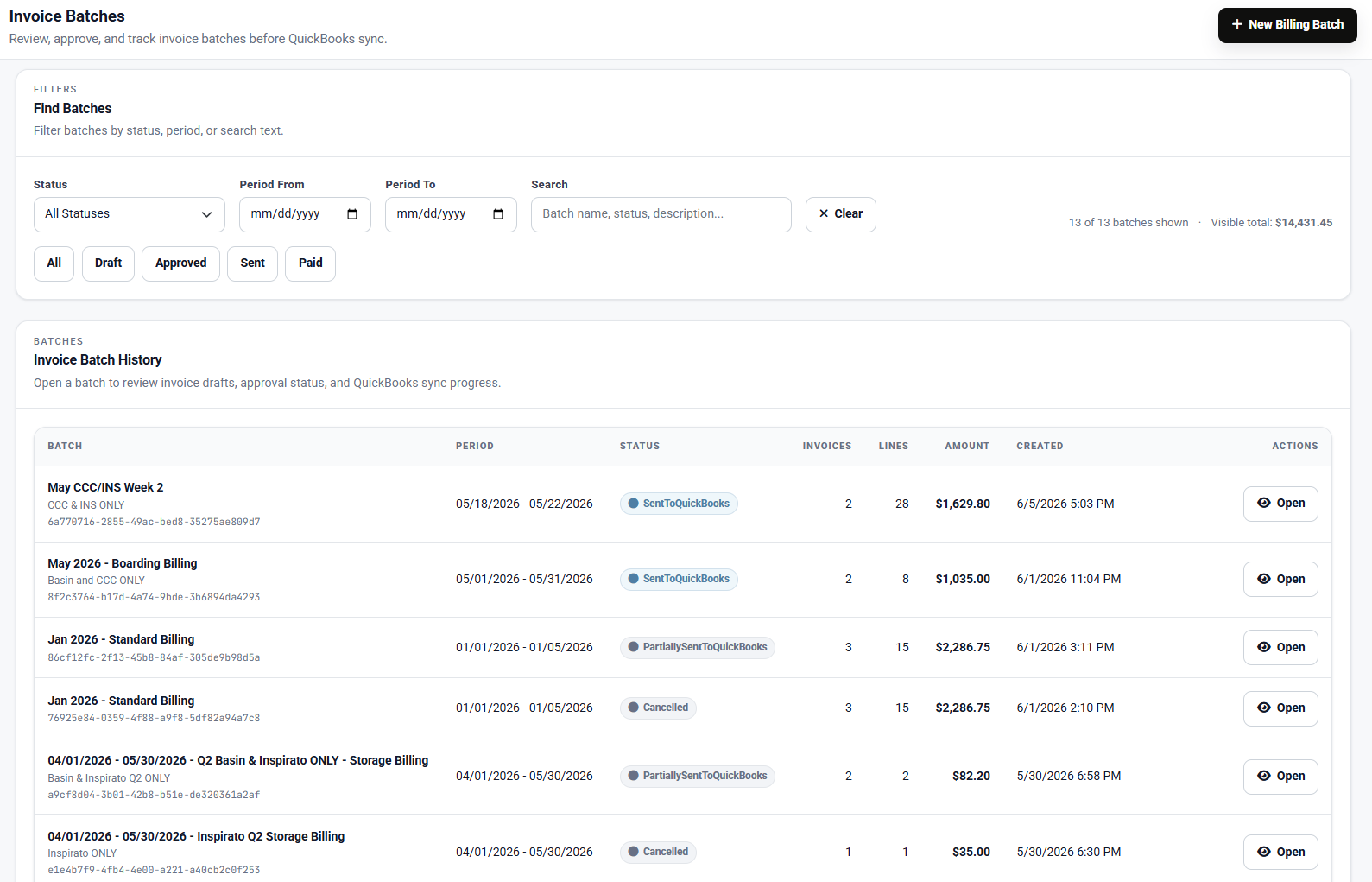 Invoice batches for multi-customer billing and QuickBooks sync