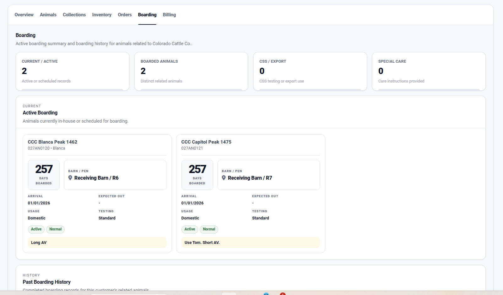 Customer portal boarding view with animal housing and care status