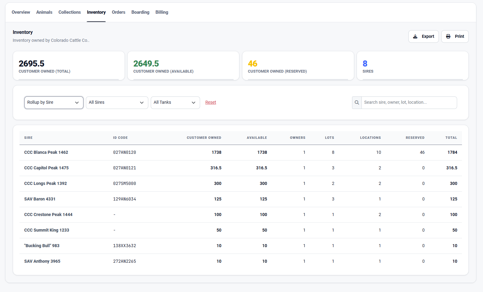 Customer portal inventory view with semen lots and availability