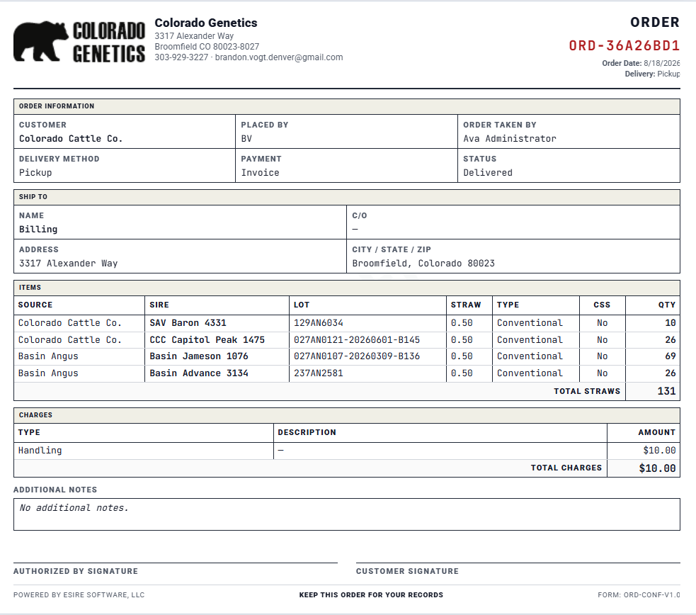 Print-ready order form for customer fulfillment and shipping