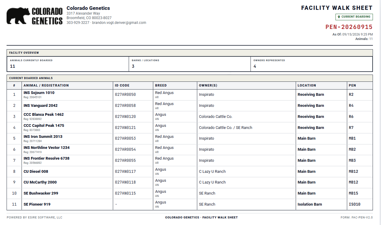 Walk sheet for daily animal care, health checks, and observations